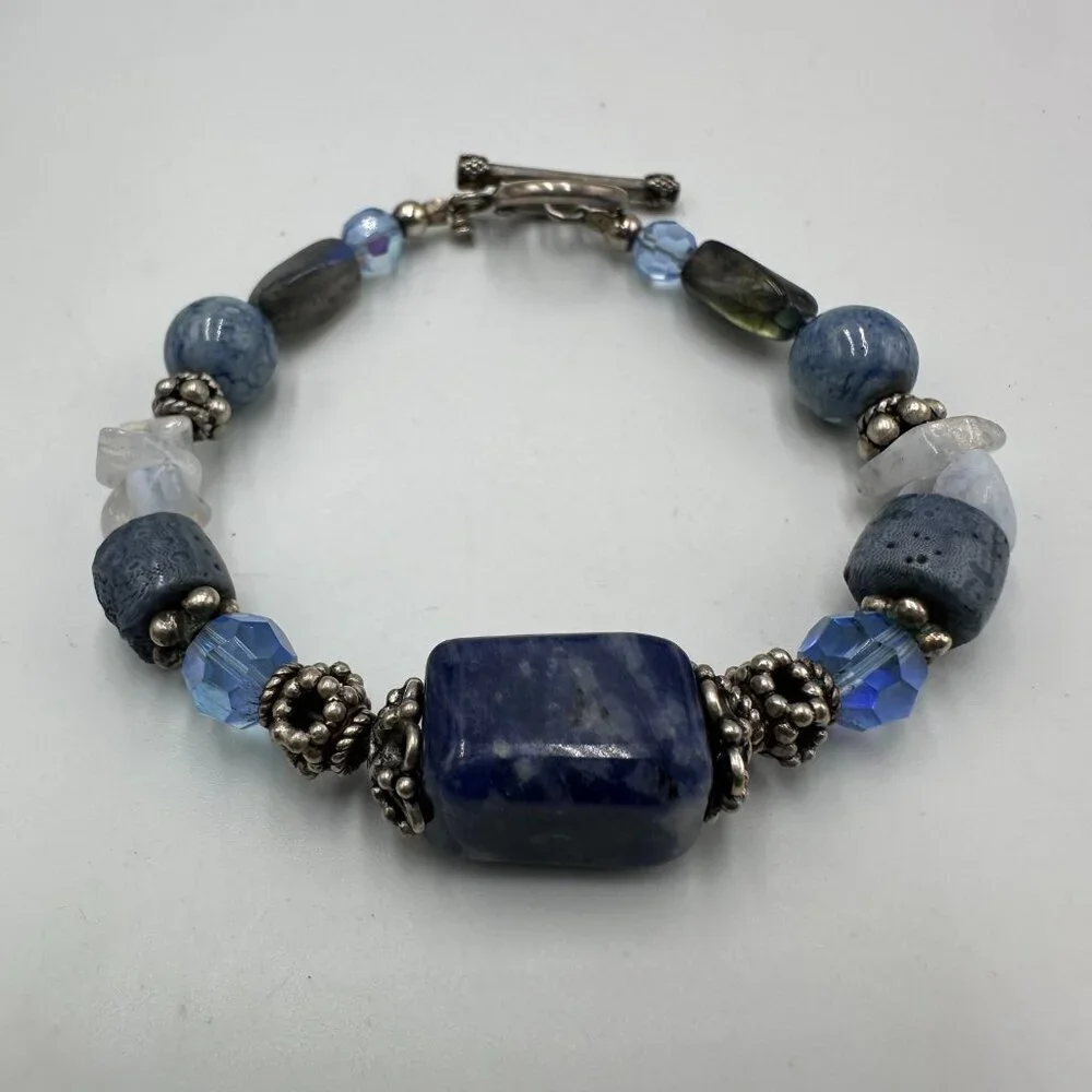 Artisan Beaded Bracelet Blue Glass Stone Beads Sterling Silver Toggle 6.75